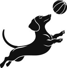 Dachshund Leaping to Catch Ball – Black and White Dog Silhouette Vector