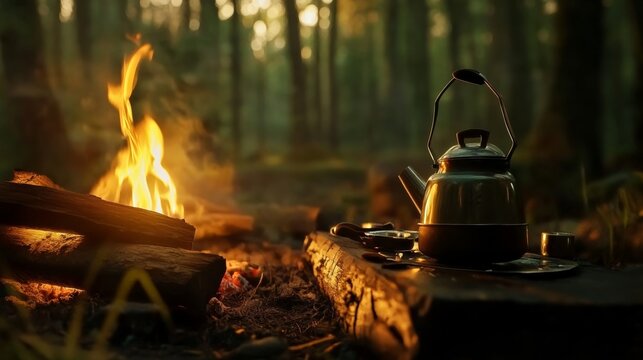 campfire and forest cooking gear, kettle over fire, wooden logs and utensils visible, earthy texture