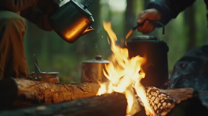 campfire and forest cooking gear, kettle over fire, wooden logs and utensils visible, earthy texture