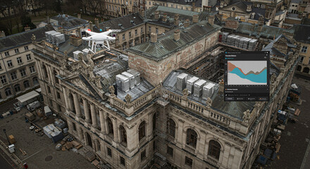 Quadcopter drone with sensor fusion data overlay surveying a historic buildings roof.