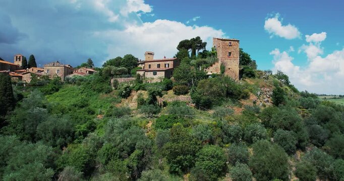 Monticchiello, a picturesque village nestled in the rolling hills of Tuscany, Italy, aerial drone view
