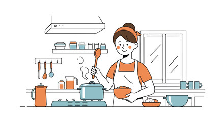 Woman Cooking in a Minimalist Kitchen Illustration for Culinary Blogs, Recipe Websites, and Food-related Design Projects