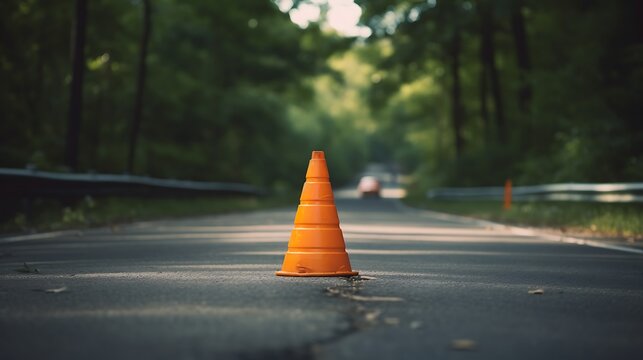 Traffic cone on asphalt road with foggy mountains in the background