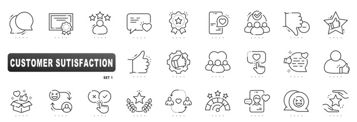 Customer satisfaction icons covering feedback, rating, review, survey, loyalty, support, NPS score and sentiment; clean outline line style, editable stroke