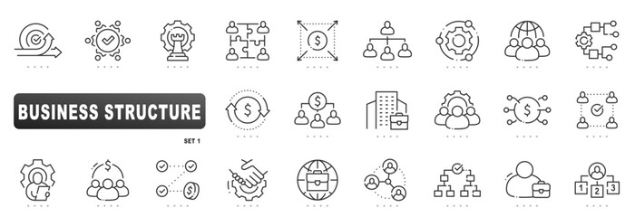 Business structure icons for management, hierarchy, organization, teamwork, strategy, workflow, finance, global operations; clean outline line style with editable stroke