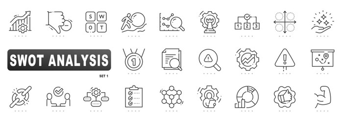 SWOT analysis icon set for strategy planning: strengths, weaknesses, opportunities, threats, matrix, growth, risk, checklist, flowchart, outline, editable stroke, line