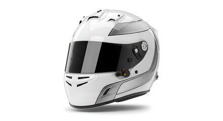 Fototapeta premium Left view of a full-face racing helmet with aerodynamic design, clean and white background