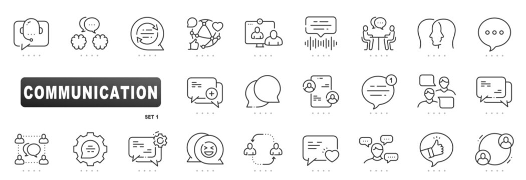 Communication icons featuring chat, message, conversation, support, meeting, collaboration, mobile, video, notification, feedback; clean outline line style with editable stroke