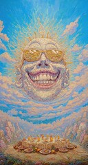 Obraz premium Smiling, sun-drenched figure amidst a surreal feast