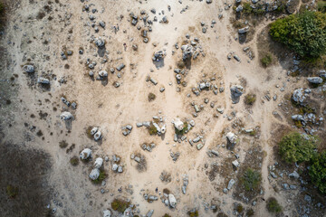 Aerial drone photo of Pobiti Kamani - natural phenomenon called Stone Forest in Bulgaria