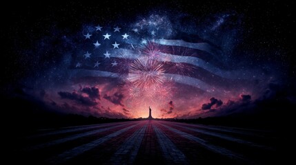 Majestic Nighttime Celebration with Fireworks and Flag Illuminating the Statue of Liberty