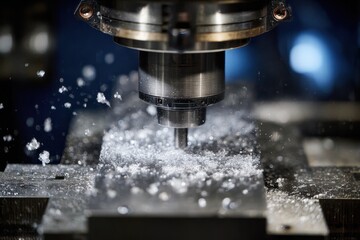 Close-up of a CNC milling machine cutting metal with precision and flying chips