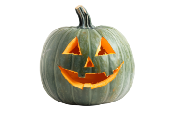Halloween green pumpkin with bright orange face isolated transparent background