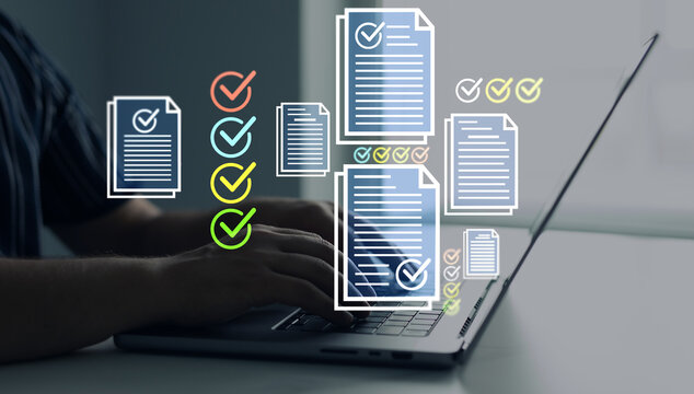 Fast checklist and clipboard task management.Businessman check virtual electronic documents and checklist approve.	Business productivity checklist and filling survey form.