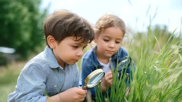 Young children on a nature adventure, examining insects closely with magnifying glasses.