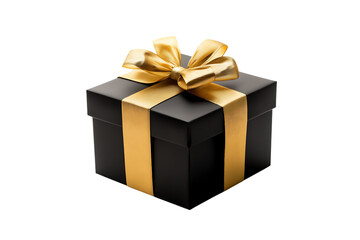Obraz premium Elegant black and gold gift box isolated on transparent background. Luxury black and golden present box isolated PNG.