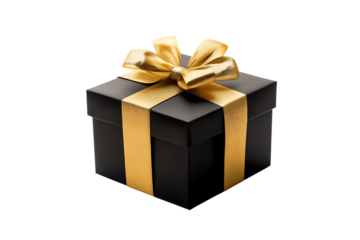 Elegant black and gold gift box isolated on transparent background. Luxury black and golden present box isolated PNG.