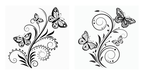 Ornate Floral and Butterfly Swirl in Black and White Vector