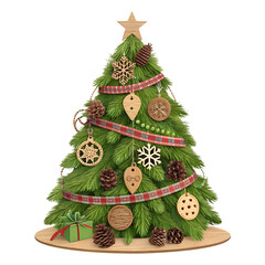 A vibrant Christmas tree decorated with gold ornaments, a ribbon, and a star, celebrating the winter holiday season