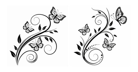 Butterfly Floral Swirl Vector Illustrations