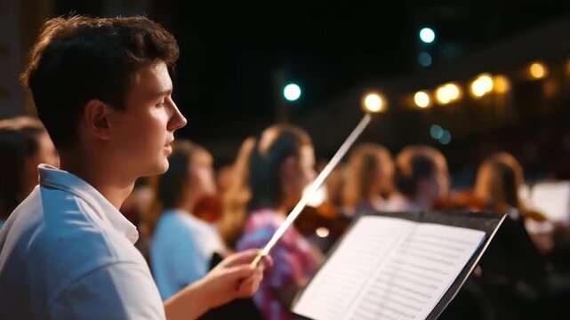 A school orchestra practices under the glow of stage lights during a nighttime rehearsal.