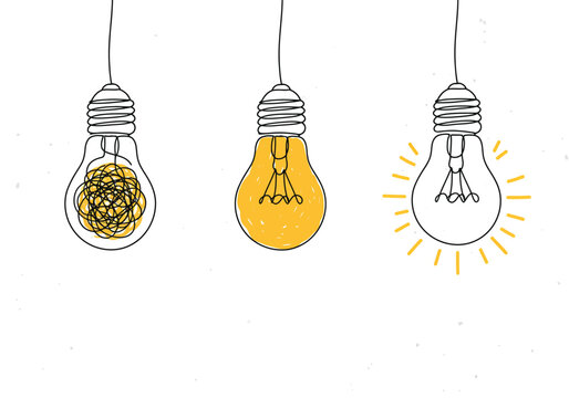 Three light bulbs illustrating the journey from confusion to clarity, isolated on white background, representing problemsolving and innovative thinking