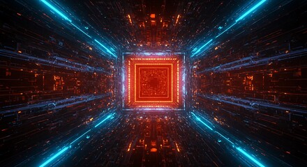 Abstract Square Tunnel with Blue and Orange Lights