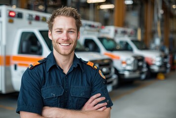 A smiling paramedic with arms crossed stands proudly in front of a row of ambulances, showcasing professionalism and emergency medical services readiness.