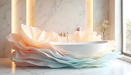 An abstract 3D sculpture made of delicate, flowing layers resembling soft paper or fabric, blending pastel tones of peach, cream, and light blue. The folds create a wave-like organic.