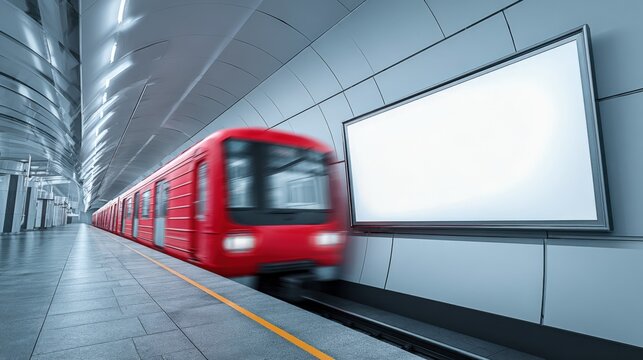 Fototapeta Modern Subway Train Approaching Station with Blank Billboard for Advertising Mockup in Urban Setting