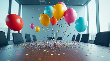 Colorful Balloons and Confetti Decorating Office Meeting Room for