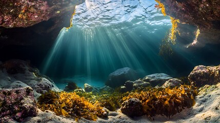 Obraz premium Underwater view of a tropical coral reef with sunlight shining through.
