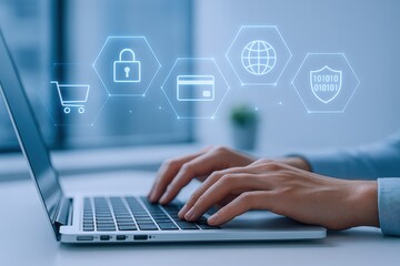 Obraz premium Online Shopping Cybersecurity: Person Typing on Laptop with Digital Security Icons for Secure Transactions