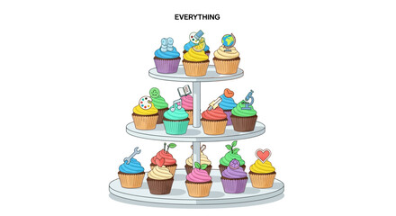 Artistic concept depicting an assortment of knowledge and creativity cupcakes