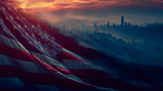 Majestic American Skyline at Dawn with a Symbolic Flag Overlooking the Urban Landscape