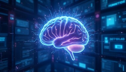 A glowing 3D artificial intelligence brain made of interconnected neon circuits and holographic data streams, digital brain like vision. Surrounding it are holograms, and binary codes 