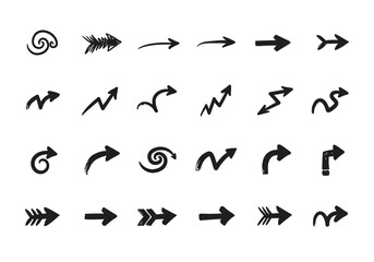 Collection of handdrawn arrow symbols isolated on white background, representing direction, navigation, and choice in various styles and orientations