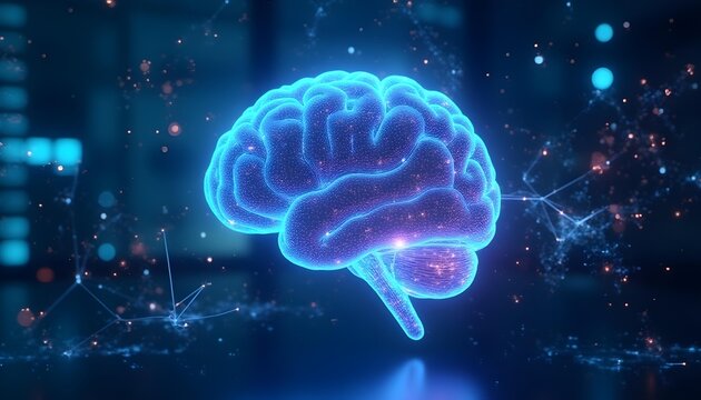 A glowing 3D artificial intelligence brain made of interconnected neon circuits and holographic data streams, floating in a futuristic lab environment. Surrounding it are holograms, and binary codes