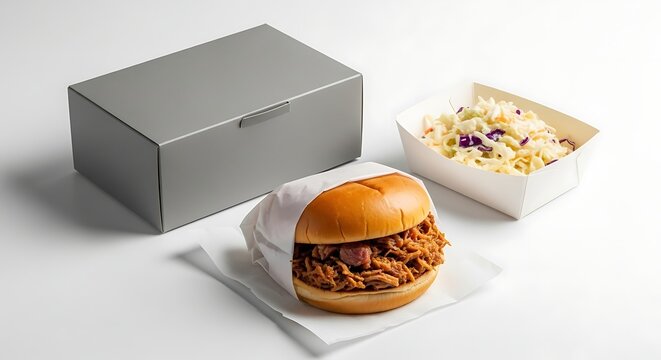 Delicious Pulled Pork Sandwich Meal with Coleslaw and a Sleek Gray Box on White