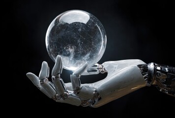 A robotic hand delicately holds a glowing crystal ball against a stark black background, symbolizing futuristic technology and the concept of prediction.