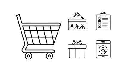 Vector art of collection of shopping and business icons including a shopping cart, gift box, clipboard, meeting icons, and a mobile phone displaying a user profile, all isolated a
