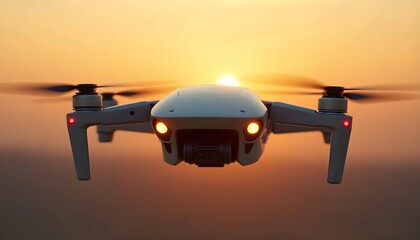 A single futuristic drone hovering mid-air, sleek metallic body with aerodynamic curves, equipped with multiple high-resolution cameras and glowing LED rings, rotor blades spinning smoothly