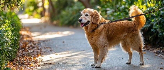 Obraz premium Golden Retriever on Leash in Park, Sunny Day, Happy Dog, Outdoors.