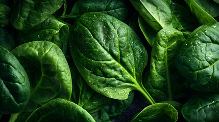 Bright green spinach leaves lie closely packed, showcasing their freshness and vibrancy after being washed