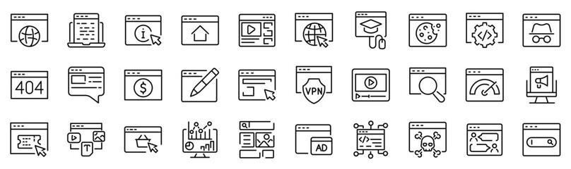 Set of 30 outline icons related to website, browser. Linear icon collection. Editable stroke. Vector illustration