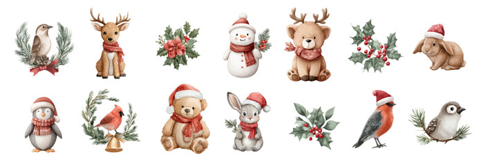 Christmas Forest animals set, Animals in winter scarfs, Watercolor. Festive and cute collection of Vector  illustrations, bears, deer, fox. Cozy Watercolor clip art elements ready to print © maria