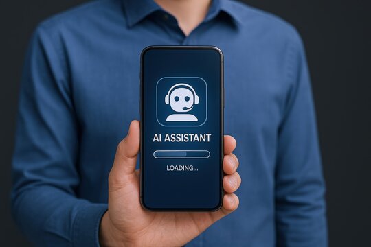 Man Holding Smartphone with AI Assistant Loading Screen, Highlighting Technological Advancement and Digital Assistance