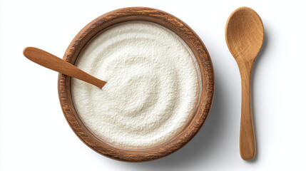 Creamy treat: Bowl of white yogurt with wooden spoons. Healthy eating or dessert concept. Top view on white background. Simple and tasty.