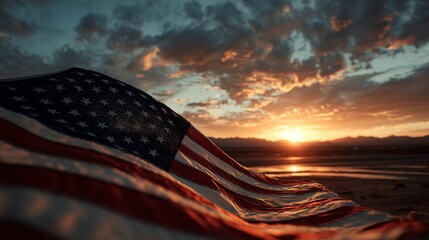 Majestic Sunset View with American Flag Draped Over Scenic Landscape Reflecting Evening Sky's Colors