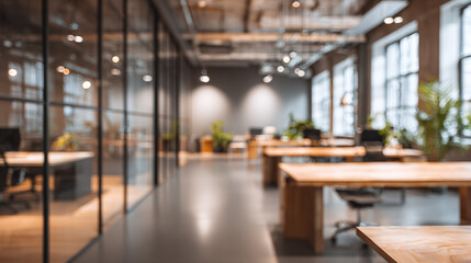 Blured office space with desks, glass partitions, and plants creating a modern, collaborative work environment. Abstracted business setting.